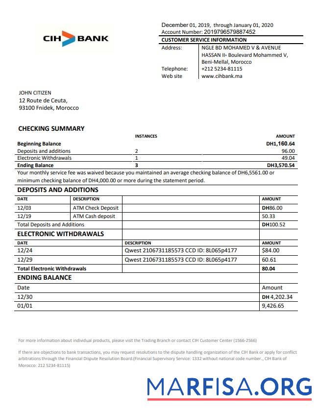 Blank Morocco CIH bank proof of address statement word sample